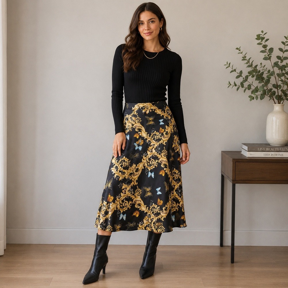 JB by Julie Brown Black Midi Skirt with Gold Baroque and Blue Butterfly Print